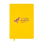 A yellow A5 notebook with a logo on the cover, featuring a smooth surface and a matching ribbon bookmark.