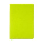 A bright green A5 notebook with a smooth cover and a ribbon bookmark.