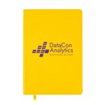 A yellow Genesis A5 Notebook featuring the printed logo of DataCon Analytics, labeled "THE FUTURE OF DATA."
