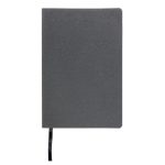 A recycled leather notebook featuring a soft cover in a dark gray tone, with a ribbon marker.