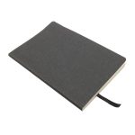 A recycled leather notebook featuring a soft cover, presented in a sleek gray color with a ribbon marker.