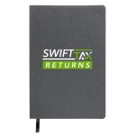 A recycled leather notebook with a soft cover featuring the logo "SWIFTTAX RETURNS" in green and black.