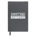 A recycled leather notebook featuring a dark cover with the text "SWIFTTAX RETURNS" printed prominently on the front.