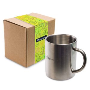 A stainless steel coffee mug accompanied by a brown box featuring colorful graphics and the brand name "Exploration".
