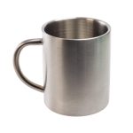A coffee mug made of stainless steel with a sleek, matte finish and a sturdy handle.