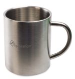 A stainless steel coffee mug with a smooth finish and a handle, featuring a logo on the side.
