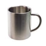 A stainless steel coffee mug with a sleek, brushed finish and a sturdy handle.