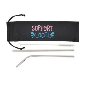 A drink bottle set including a curved stainless steel straw, a straight stainless steel straw, and a cleaning brush, in a black pouch.