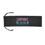 A black drawstring pouch with "SUPPORT LOCAL" printed in pink and blue. It features a simple design.