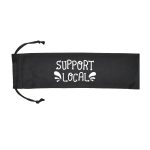 A black storage pouch with drawstring, featuring the text "SUPPORT LOCAL" in white lettering.