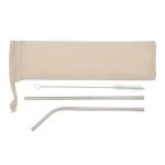 A set of stainless steel straws in a beige pouch, including a straight straw, a bent straw, and a cleaning brush.