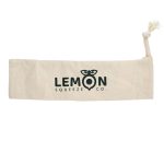 A natural-coloured drawstring pouch featuring a logo, ideal for carrying small items.