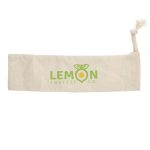 A cream-coloured drawstring pouch with a logo in green and yellow. Ideal for various small items.