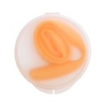 A silicone straw in an orange color, stored inside a clear round case. The case has a logo.
