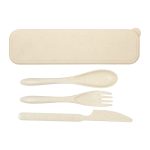 A Delish Eco Cutlery Set featuring a spoon, fork, knife, and carrying case in a light beige colour.