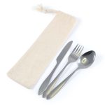 A cutlery set including a knife, fork, and spoon, packaged in a cream-colored calico pouch.