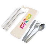 Stainless steel cutlery set in a calico pouch, featuring a fork, knife, spoon, and two straws with a cleaning brush.