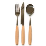 A cutlery set featuring a fork, knife, and spoon with wooden handles.