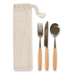 A cutlery set featuring a fork, knife, and spoon with wooden handles, neatly packaged in a natural fabric pouch.