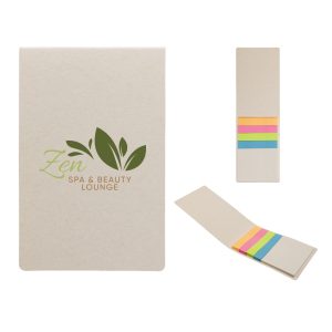 A tan sticky note pad with a logo, featuring colorful sticky flags in pink, orange, yellow, and green.