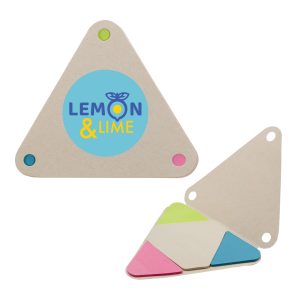 A triangular sticky note holder in beige with colorful sticky notes in pink, green, blue, and a logo on the front.