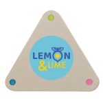 A triangular sticky note holder in beige with a blue center and colorful dots in green, pink, and yellow.