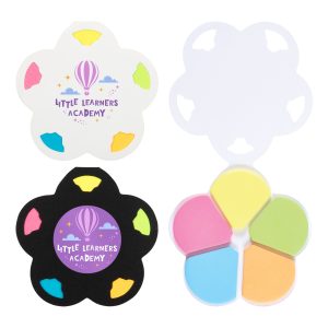 A set of Daisy Sticky Notes in flower shapes, featuring vibrant yellow, pink, green, and blue colours, with branding.