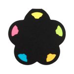A flower-shaped sticky note holder in black with colourful sticky notes in pink, yellow, green, and blue.