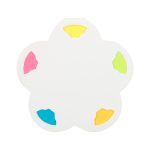 A flower-shaped sticky note pad in white with pink, yellow, green, and blue sections on the edges.