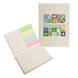 A booklet featuring sticky notes in pastel colors with a patterned cover and a logo.