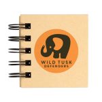 A spiral-bound sticky note pad featuring a tan cover with an elephant logo and a branding circle.