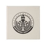 A cream-coloured square note block featuring a logo with a torch, globe, and laurel leaves.
