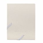 A beige, bound planner with a textured cover, featuring white ribbon ties and an embossed logo.