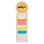 A bookmark shaped like a milk carton, featuring multicolored sticky notes and a circular logo at the top.