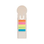 A bookmark designed in the shape of a milk carton, featuring five colorful sticky note tabs and a ruler along one side.