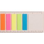 Colorful rectangular sticky notes in orange, pink, yellow, green, and blue arranged along a ruler on a light background.