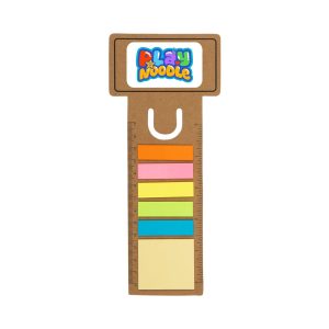 A brown business card bookmark features a ruler design and colourful sticky note flags. Includes a logo at the top.