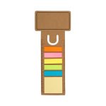 A business card bookmark with a ruler design, featuring multicoloured noteflags and a brown cardboard texture.