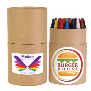 A cylindrical container holds a set of colorful crayon-like writing instruments, with a logo on the side.