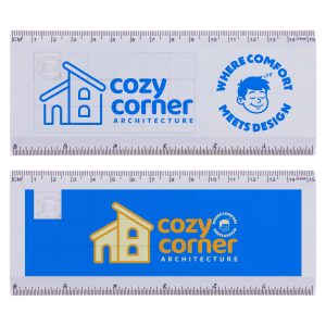 A promotional tile ruler puzzle in white and blue featuring a logo and grid pattern, with a playful graphic design.