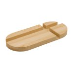 A bamboo phone stand featuring an oval shape with carved slots for stability, showcasing natural wood colour.