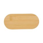 A wooden phone stand with a smooth, oval shape and a natural bamboo finish.