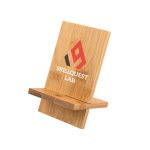A bamboo phone stand featuring a logo, with a natural wood finish and a functional design for supporting devices.