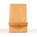 A bamboo phone stand with a simple, sleek design, featuring a slot for holding a phone securely.
