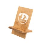 A bamboo phone stand featuring a logo, with a natural wood finish and a minimalist design.