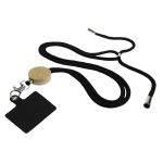 A neck lanyard featuring a wooden clip and a black ID card holder, designed for attaching items securely.