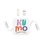 A retractable charging cable in white, featuring USB and lightning connectors, with a logo on the surface.