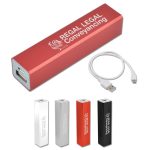 A red power bank with a USB cable, alongside silver, white, and black versions of the same product.