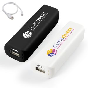 A set of two power banks in black and white, featuring the CubeQuest logo. Accompanied by a USB charging cable.