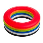 A silicone flyer featuring a vibrant stack of rings in red, green, blue, yellow, white, and black.